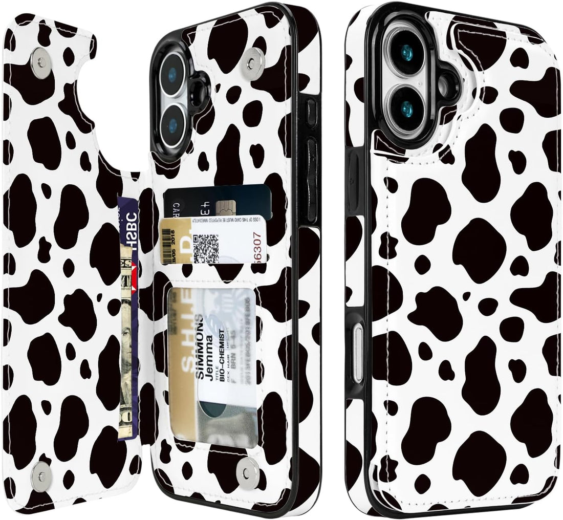 Black & White Cow Print Flip Wallet Case for iPhone 17/16/15/14 Series - black and white cow print pattern with card holder