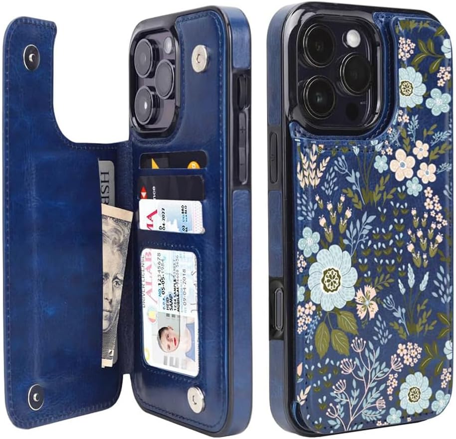 Blue Daisy Floral RFID Flip Wallet Case for iPhone 17–12 – Card Holder & Kickstand – product image 15