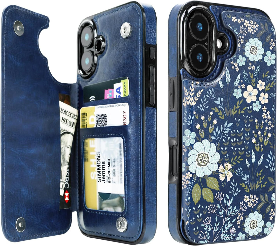 Blue Daisy Floral RFID Flip Wallet Case for iPhone 17/16/15/14 Series - blue daisy floral pattern with RFID card holder