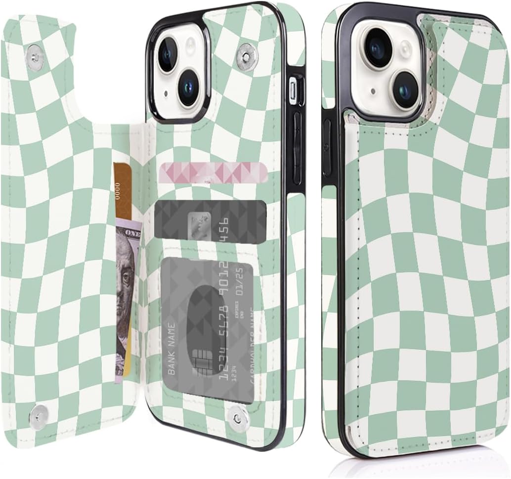 Mint Wavy Checkerboard Flip Wallet Case for iPhone 17–14 – Card Holder & Kickstand – product view 11