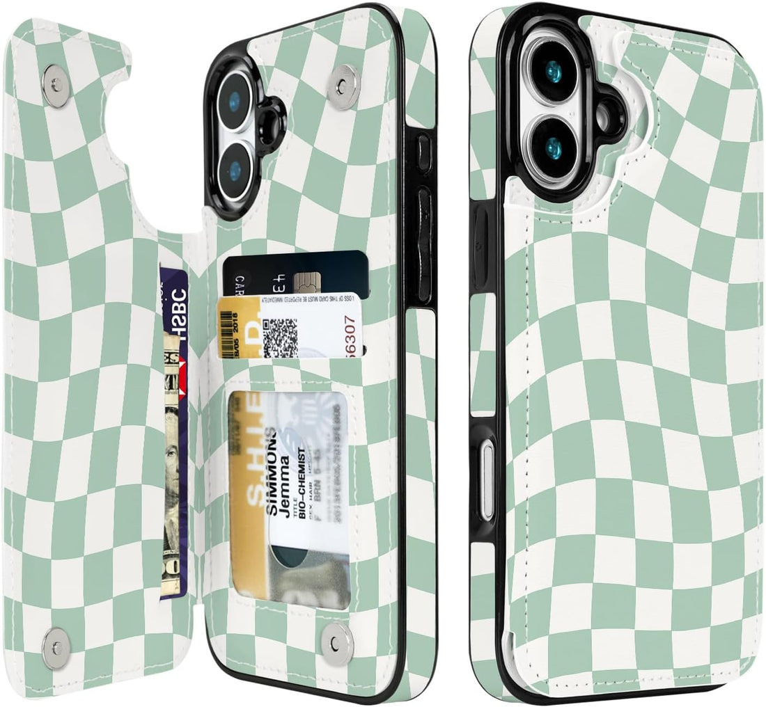 Mint Wavy Checkerboard Flip Wallet Case for iPhone 17/16/15/14 Series - mint green wavy checkerboard pattern with card holder