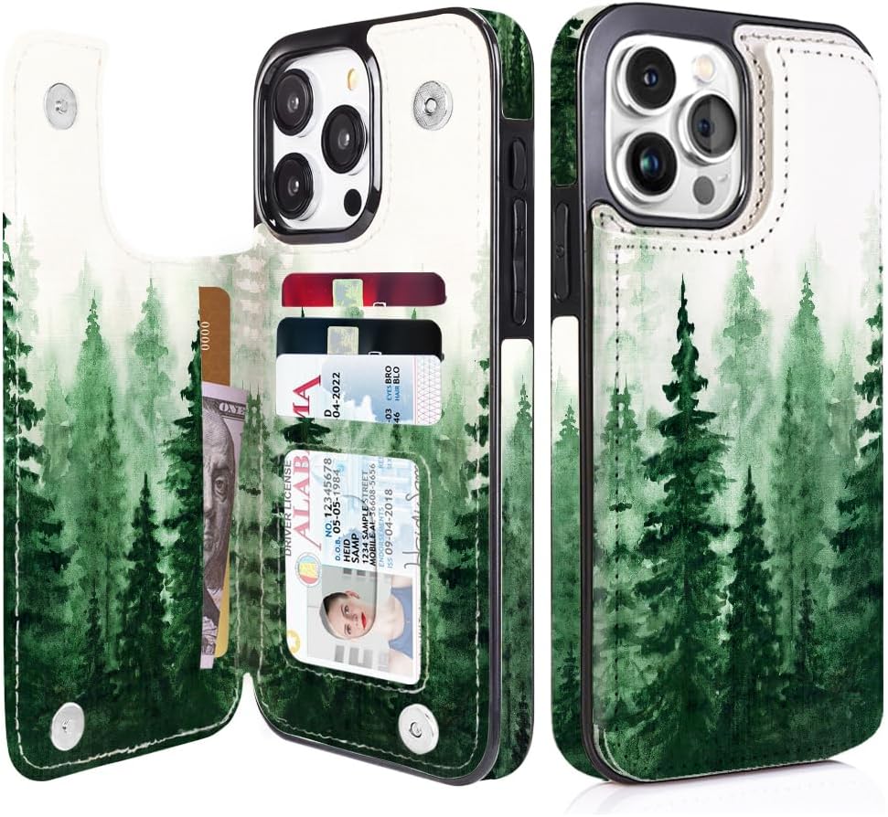 Forest Mist Double-Buckle Flip Wallet Case for iPhone 17–12 – 3–4 Card Holder & Kickstand - iPhone 15 Pro Max