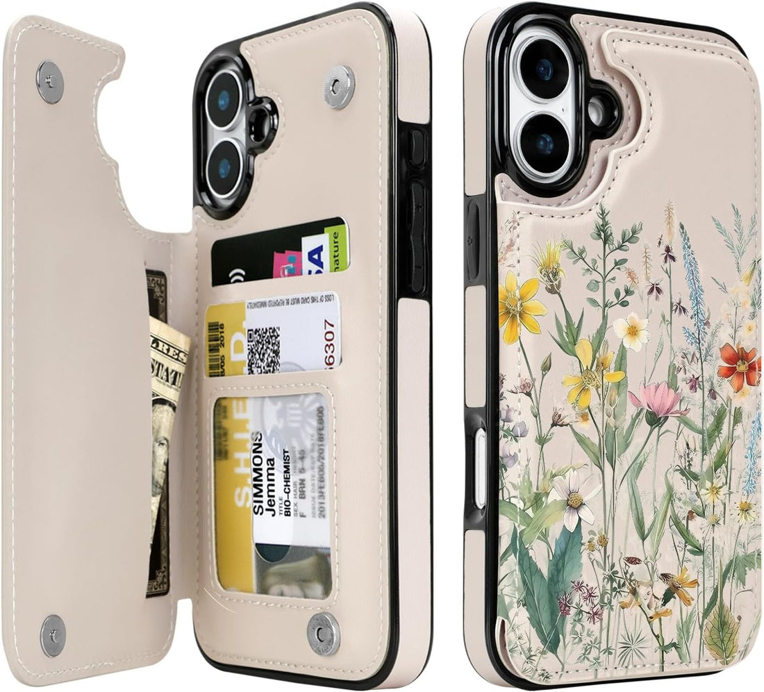 Wildflower Botanical RFID Flip Wallet Case for iPhone 17-12 Series - cream wildflower botanical RFID card holder wallet case
