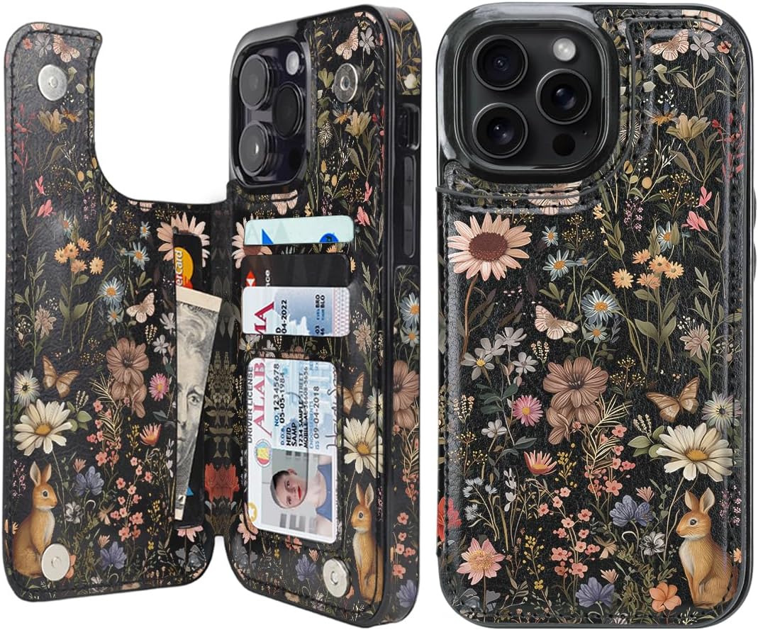 Midnight Meadow Double-Buckle Flip Wallet Case for iPhone 17–12 – 3–4 Card Holder & Kickstand - iPhone 13 Pro Max