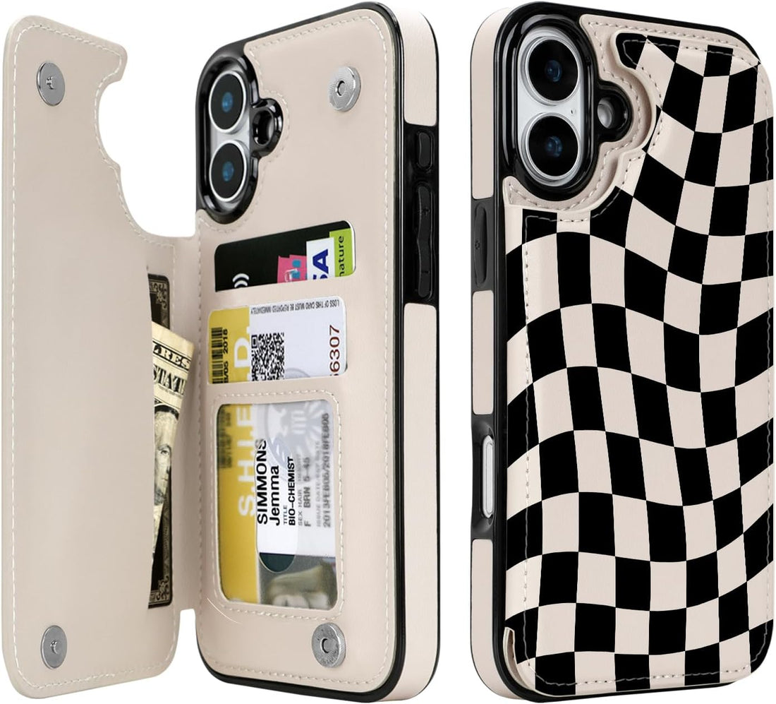 Dune Mirage Checkered RFID Flip Wallet Case for iPhone 17-12 Series - Dune Mirage Checkered RFID card holder wallet case