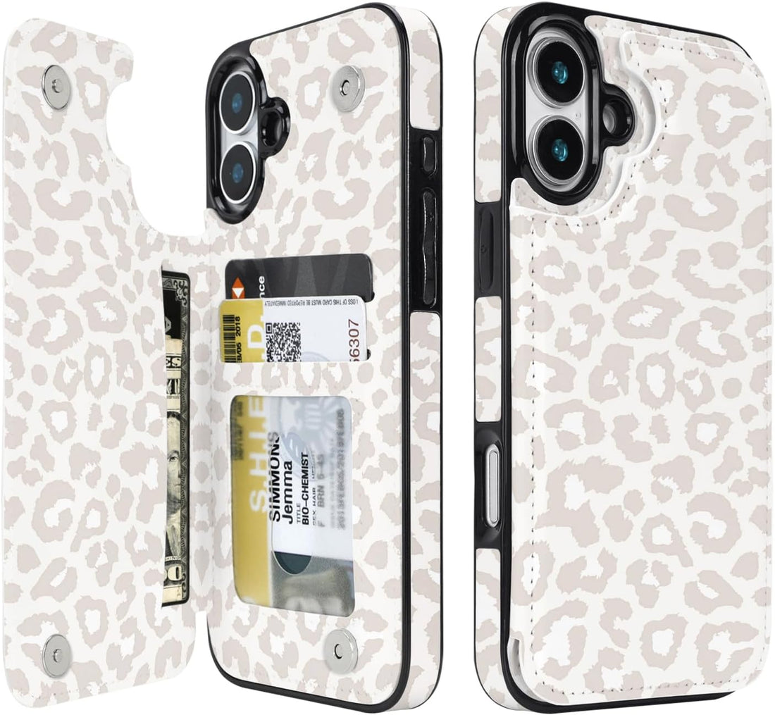 Cream Leopard RFID Flip Wallet Case for iPhone 17-12 Series - cream leopard RFID card holder wallet case