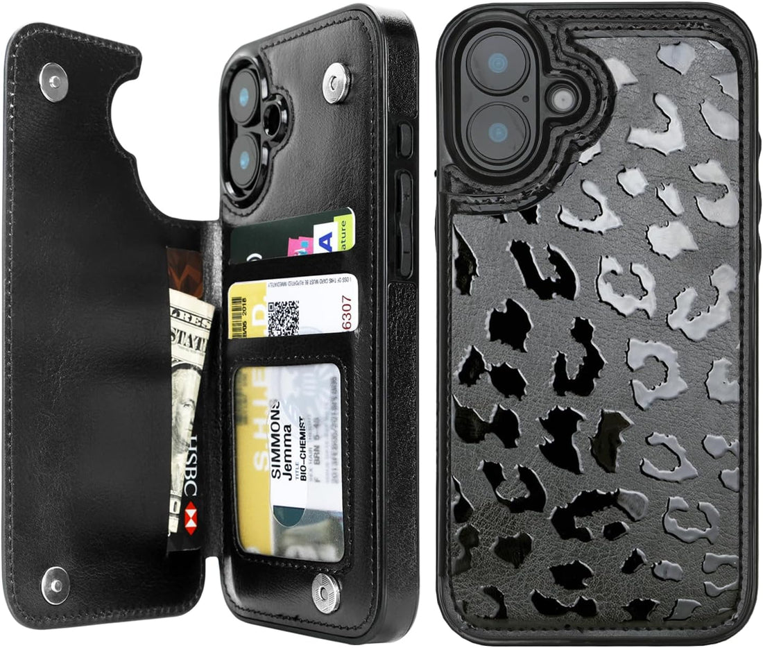 Black Leopard RFID Flip Wallet Case for iPhone 17-12 Series - black leopard RFID card holder wallet case
