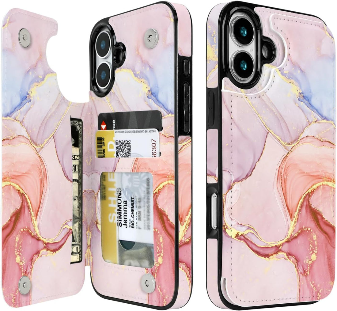 Pastel Marble Gold RFID Flip Wallet Case for iPhone 17-12 Series - pastel marble gold RFID card holder wallet case