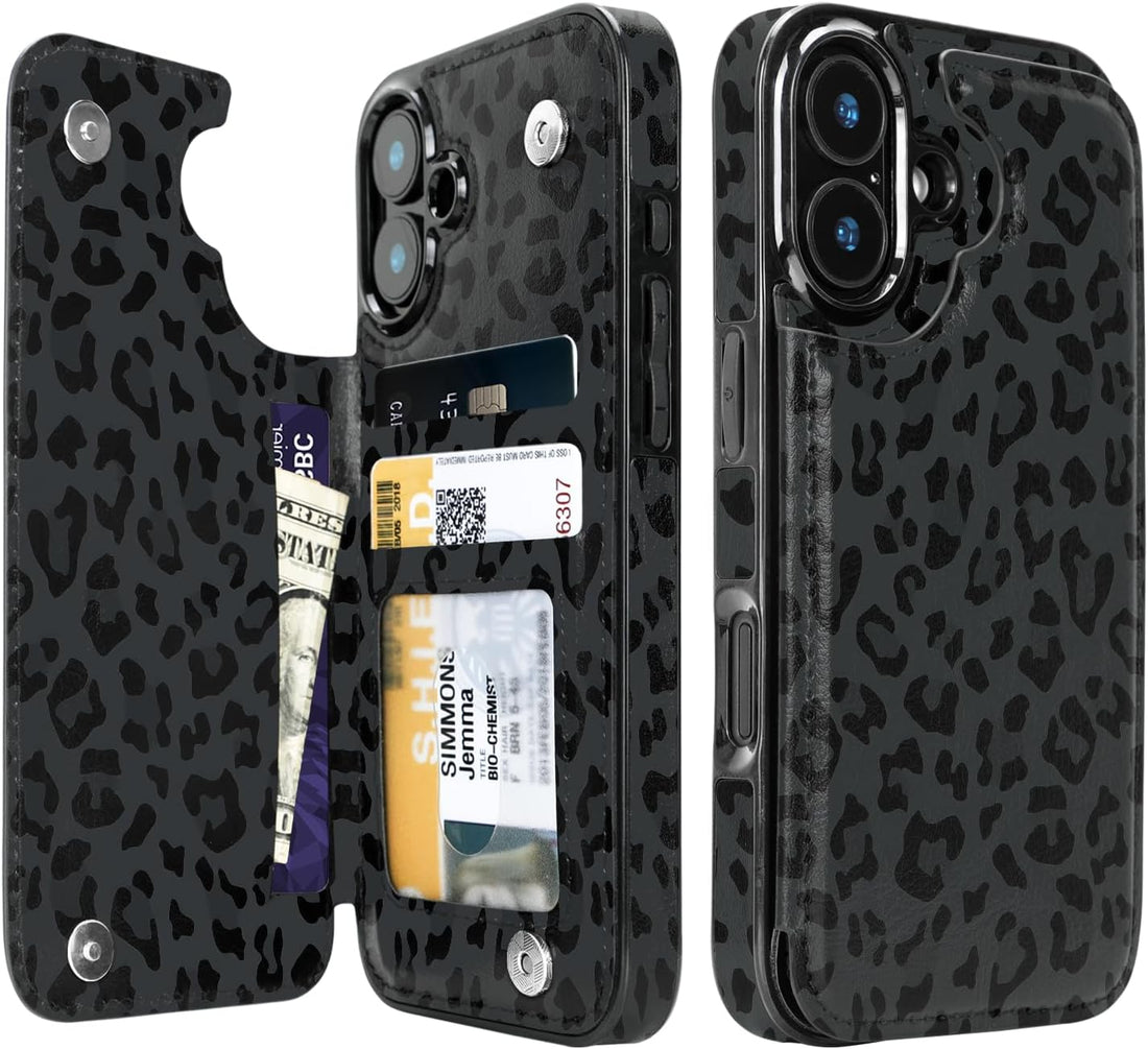 Black Leopard Flip Wallet Case for iPhone 17/16/15/14 Series - black leopard pattern with card holder