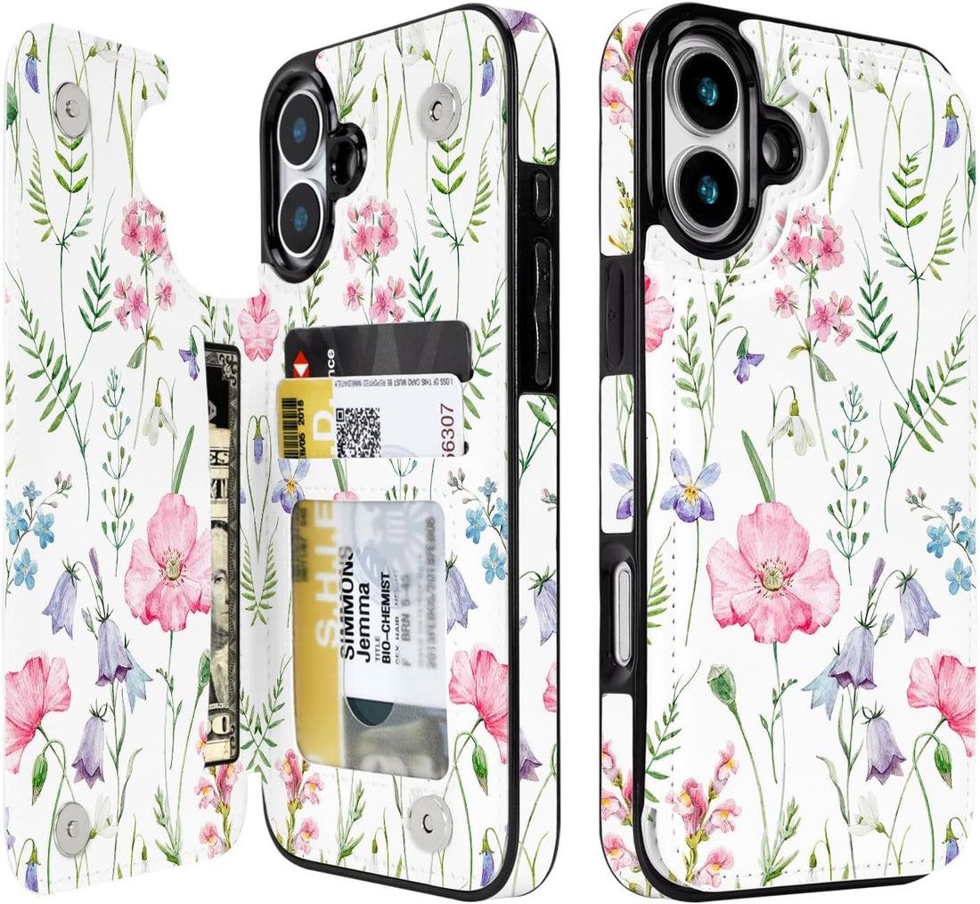 Watercolor Wildflower RFID Flip Wallet Case for iPhone 17-12 Series - watercolor wildflower RFID card holder wallet case