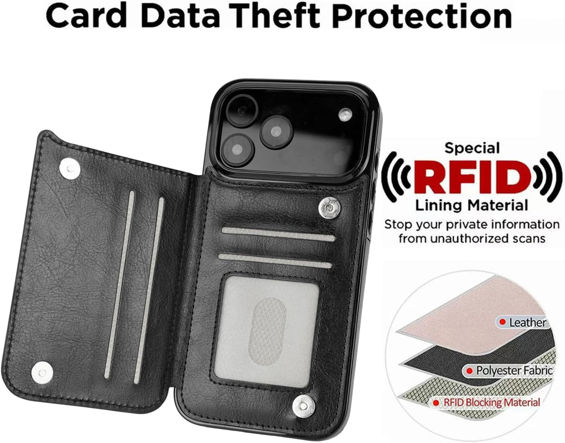 Classic Black RFID Wireless Charging Flip Wallet Case for iPhone 17-12 Series - black leather RFID wireless charging card holder wallet case