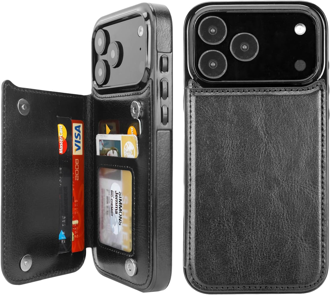 Classic Black RFID Wireless Charging Flip Wallet Case for iPhone 17-12 Series - black leather RFID wireless charging card holder wallet case