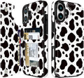 Black & White Cow Print Flip Wallet Case for iPhone 17–14 – Card Holder & Kickstand - iPhone 17 exact model view, non-MagSafe double-buckle wallet case [OB006-iPhone-17-B0FL2H74SV]