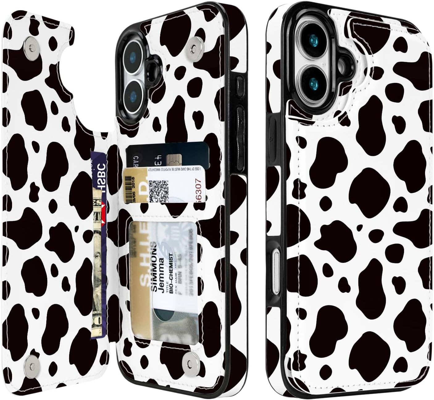 Black & White Cow Print Flip Wallet Case for iPhone 17–14 – Card Holder & Kickstand - iPhone 17 exact model view, non-MagSafe double-buckle wallet case [OB006-iPhone-17-B0FL2H74SV]