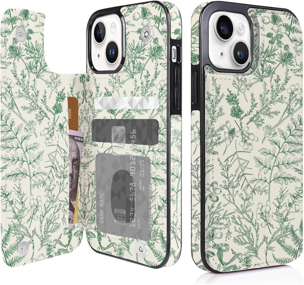 Floral Flip Wallet Case for iPhone 17–14 with Card Holder – Kickstand - iPhone 14 exact model view, non-MagSafe double-buckle wallet case [OB899-iPhone-14-B0GVDWFBB1]