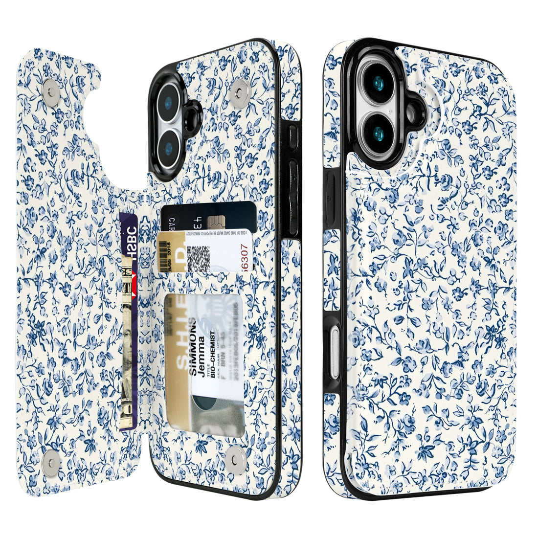 Blue Porcelain Floral Flip Wallet Case for iPhone 17/16/15/14 Series - blue porcelain floral pattern with card holder