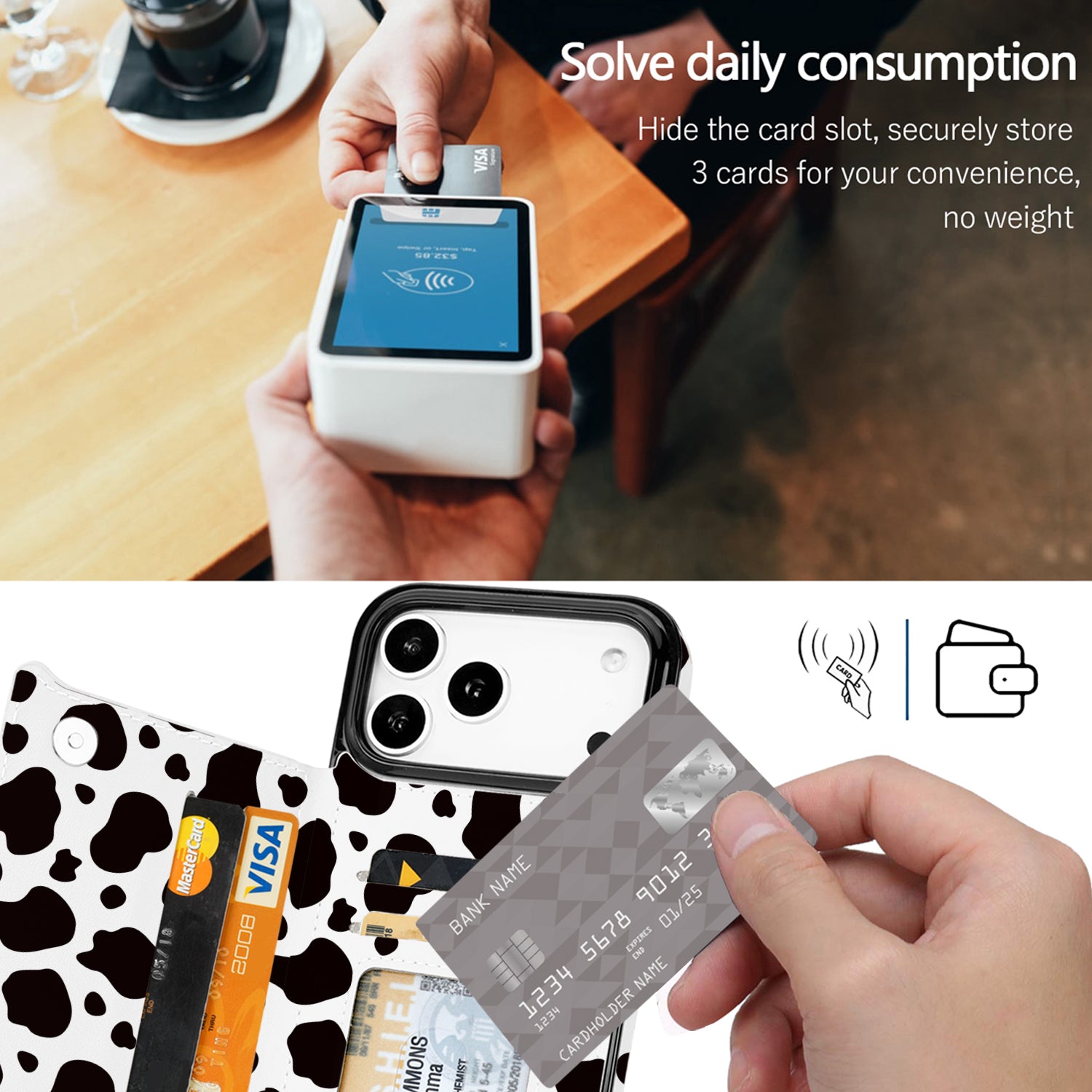 Black & White Cow Print Flip Wallet Case for iPhone 17–14 – Card Holder & Kickstand – product image 9