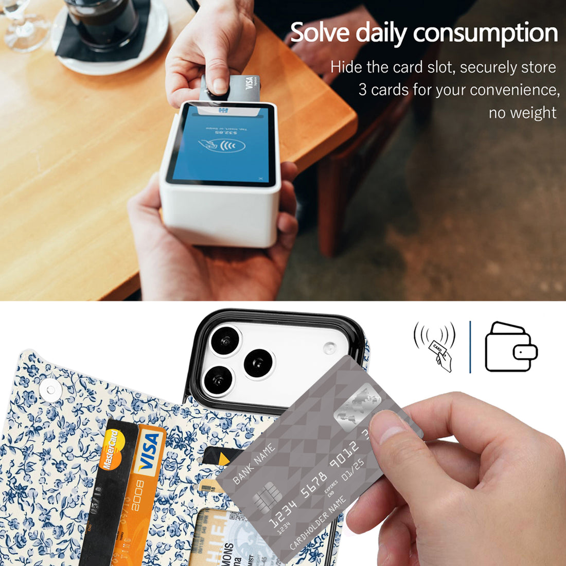 Blue Porcelain Floral Flip Wallet Case for iPhone 17/16/15/14 Series - blue porcelain floral pattern with card holder