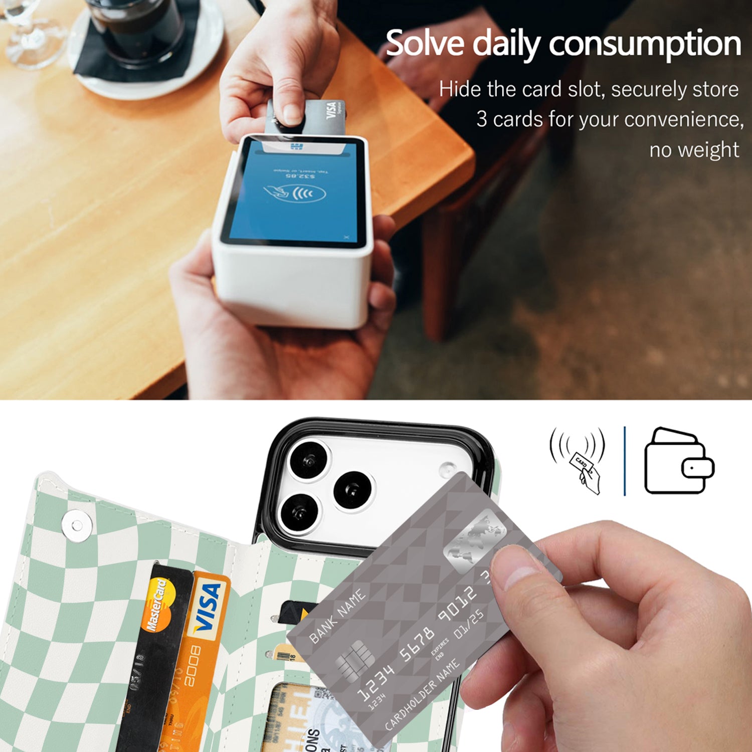 Mint Wavy Checkerboard Flip Wallet Case for iPhone 17–14 – Card Holder & Kickstand – product view 3