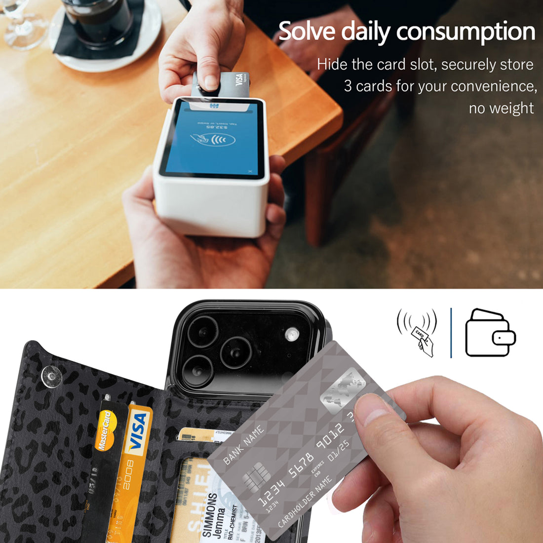 Black Leopard Flip Wallet Case for iPhone 17/16/15/14 Series - black leopard pattern with card holder