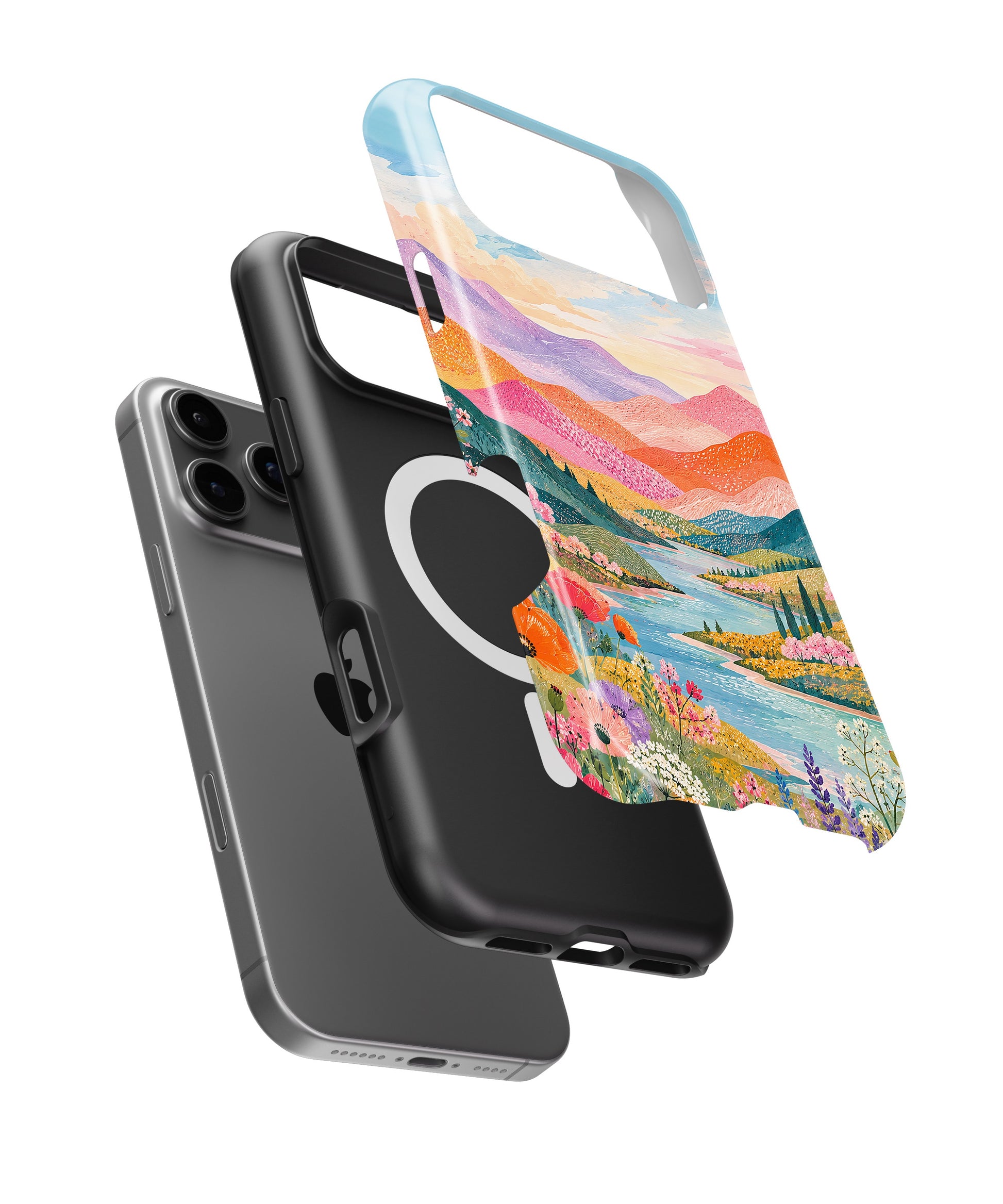 Pastel Mountain Lake Floral MagSafe iPhone Tough Case side and MagSafe exploded view