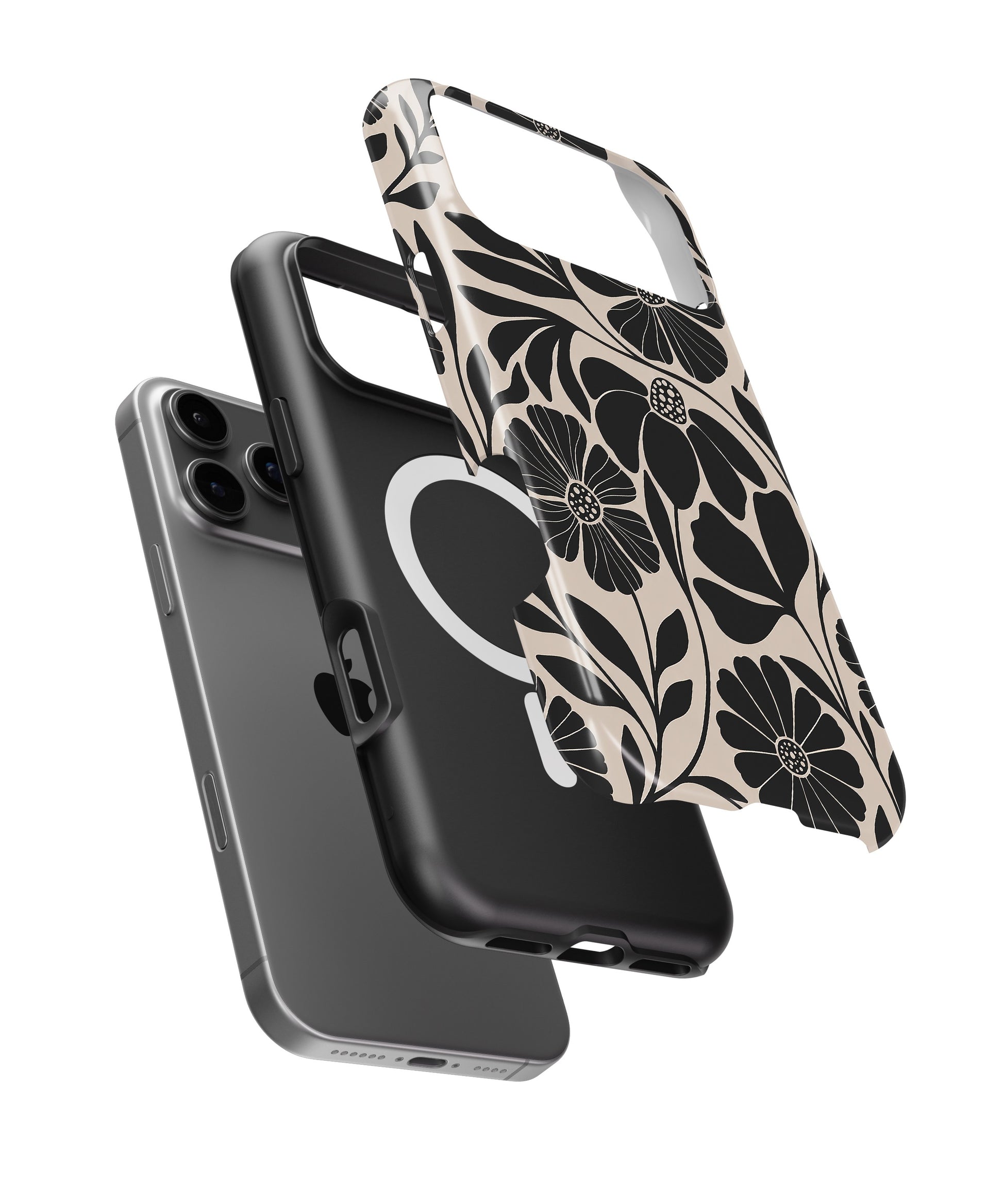 Black Cream Retro Floral MagSafe iPhone Tough Case side and MagSafe exploded view