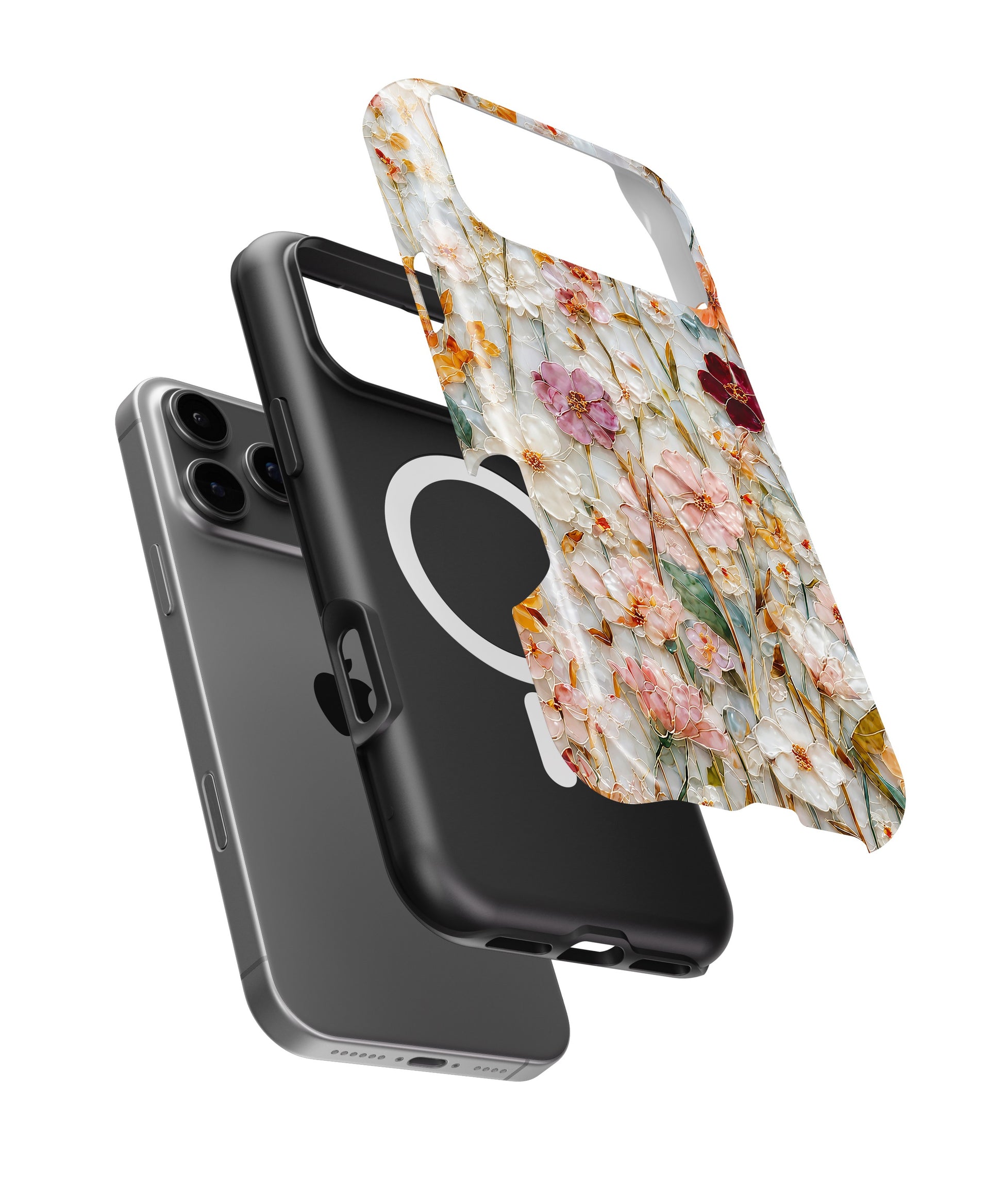 Pressed Blossom Wildflower MagSafe iPhone Tough Case side and MagSafe exploded view