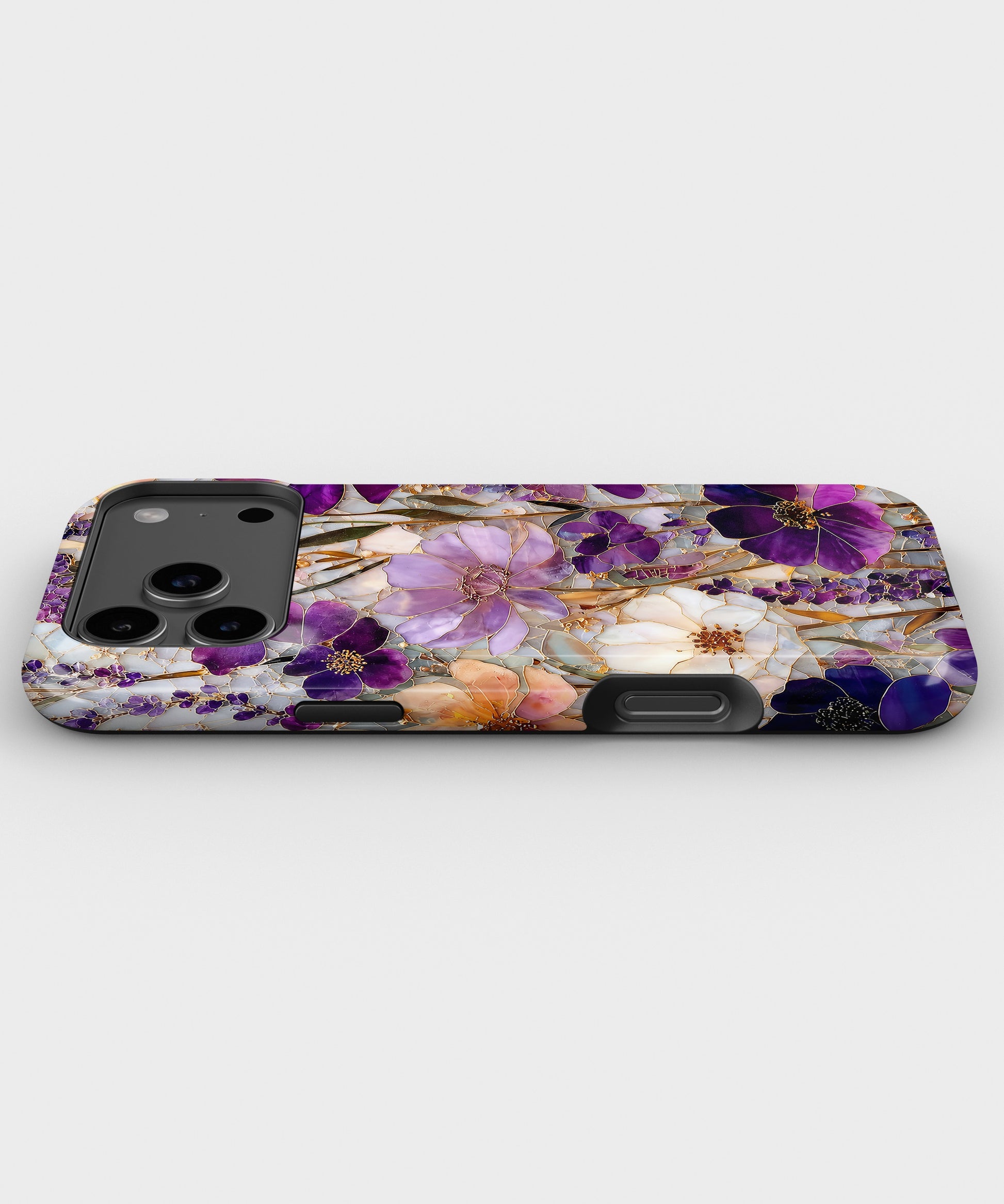 Purple Pressed Flower MagSafe iPhone Tough Case low angle lifestyle product view