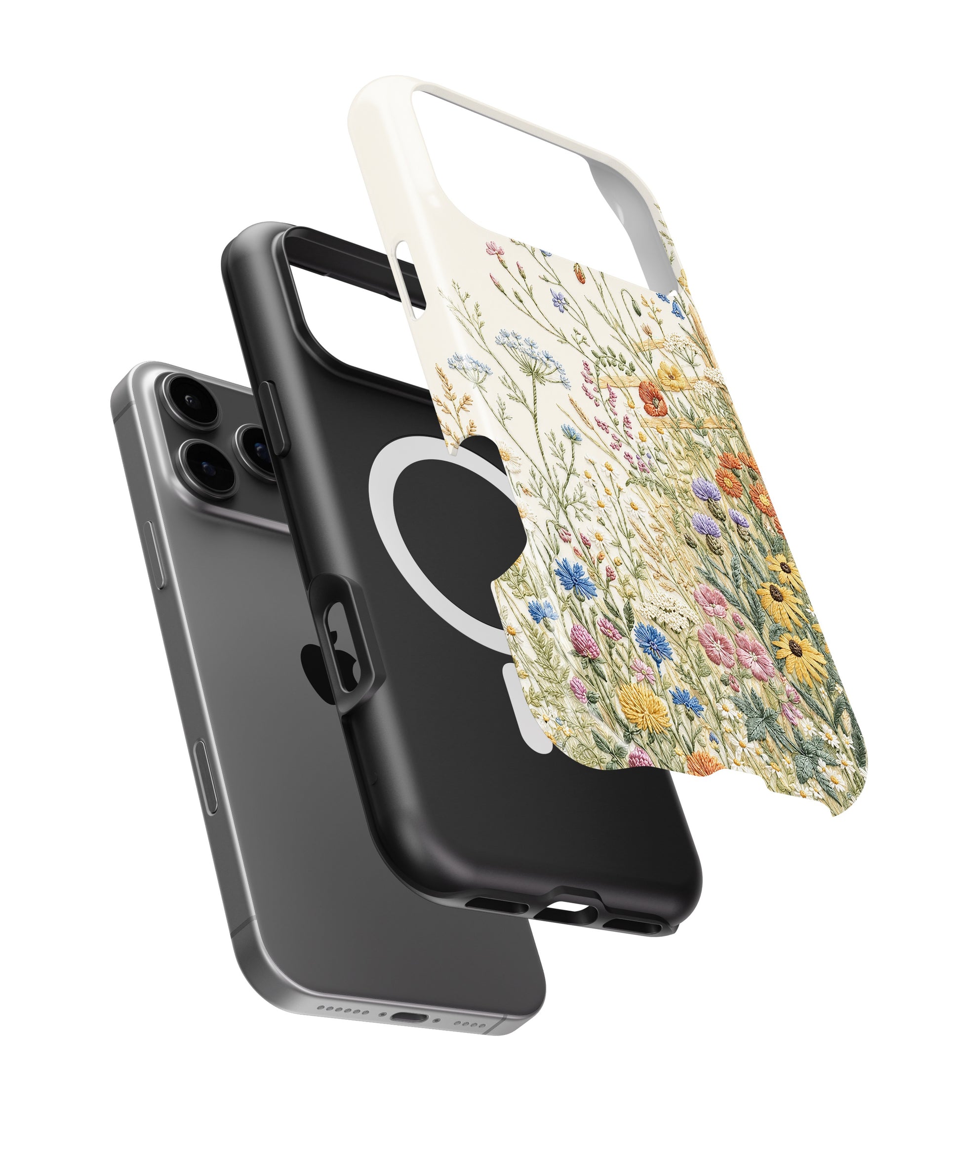Light Pastel Floral Botanical MagSafe iPhone Tough Case side and MagSafe exploded view