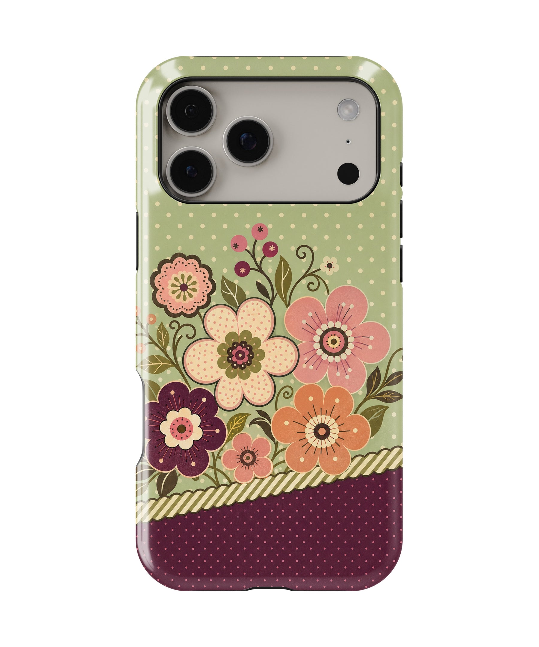 Sage Burgundy Y2K Floral Polka Dot MagSafe iPhone Tough Case – Custom Name Option