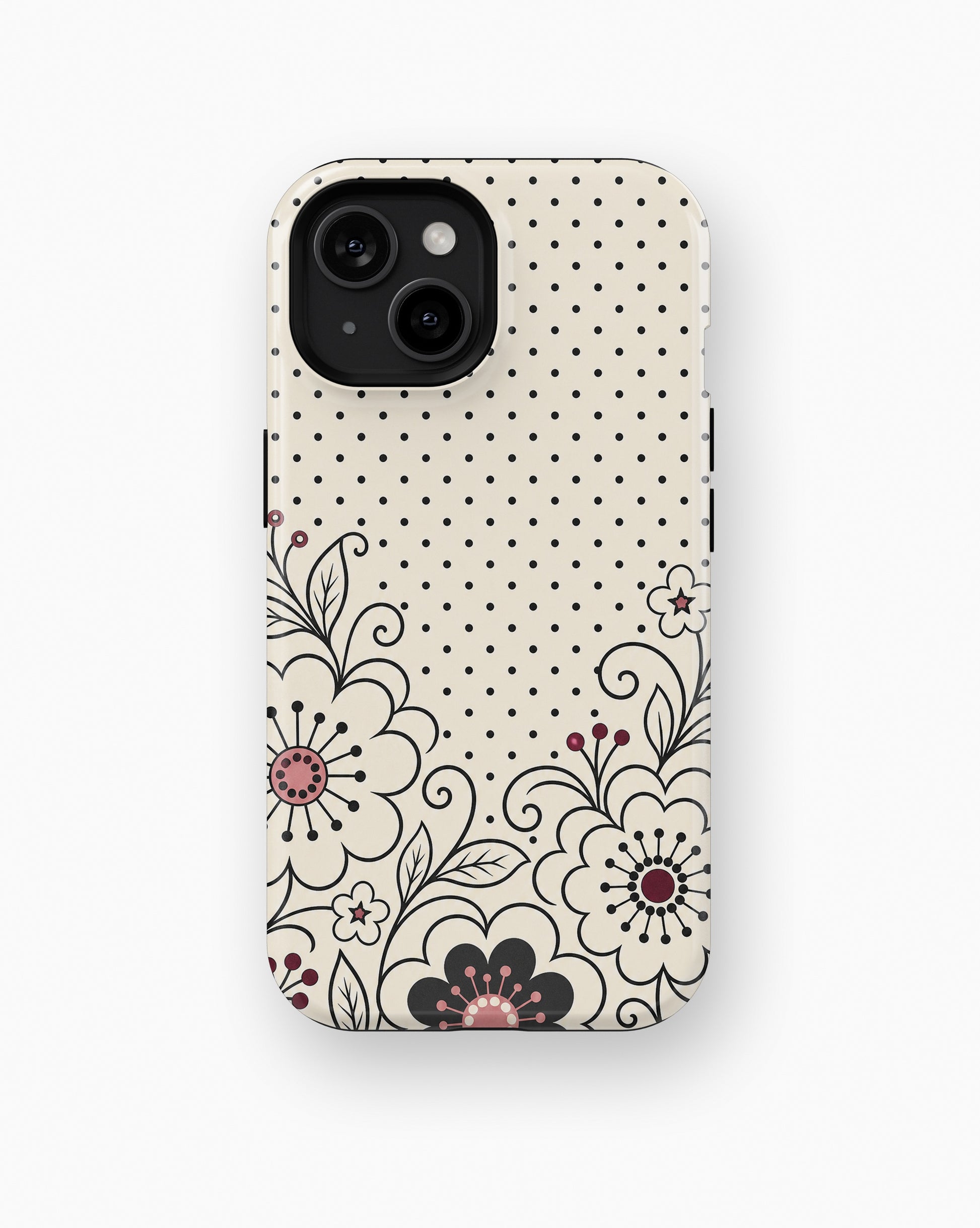 Cream black Y2K floral line art polka dot shockproof case for standard iPhone models