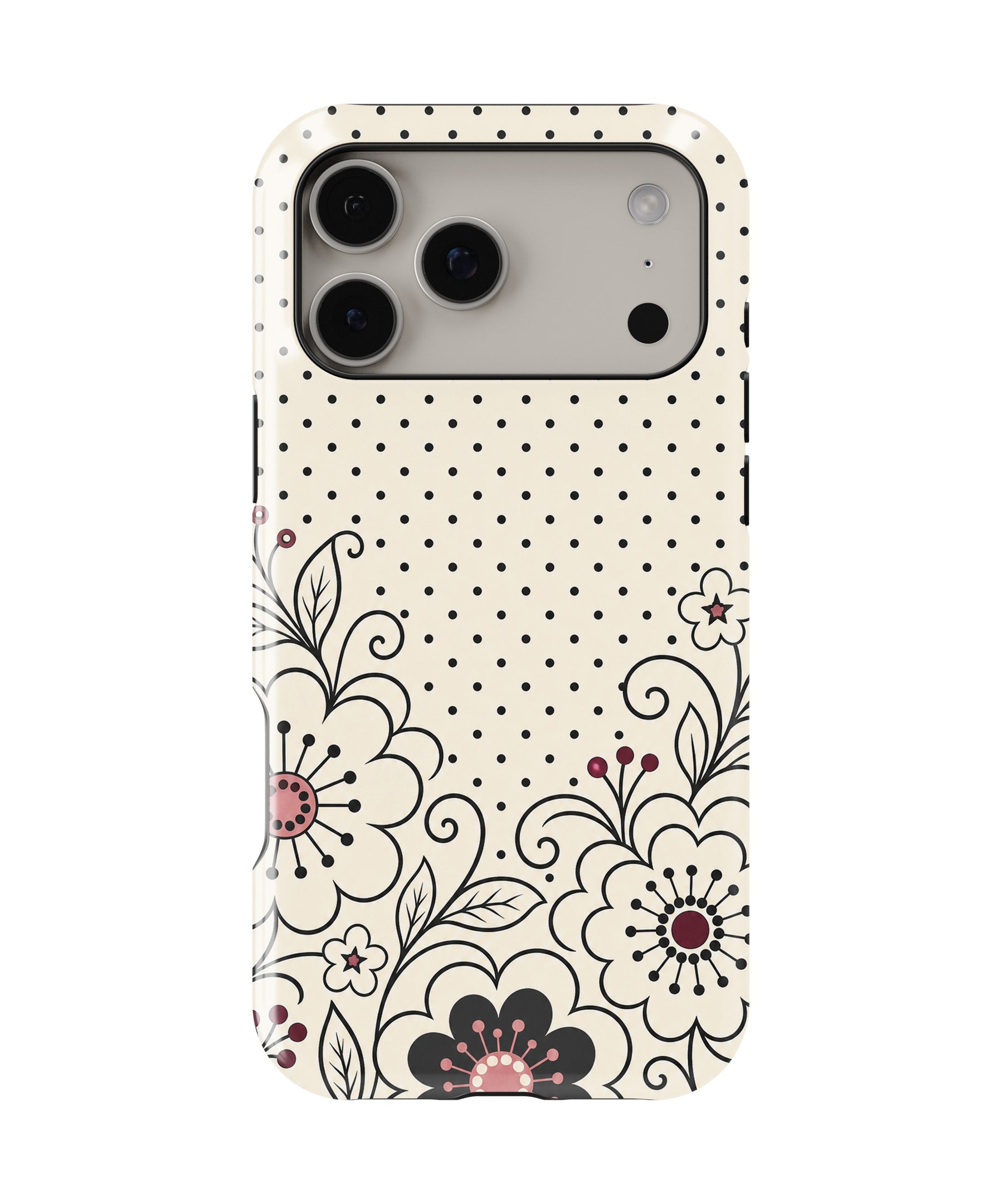 Cream Black Y2K Floral Polka Dot MagSafe iPhone Tough Case – Custom Name Option