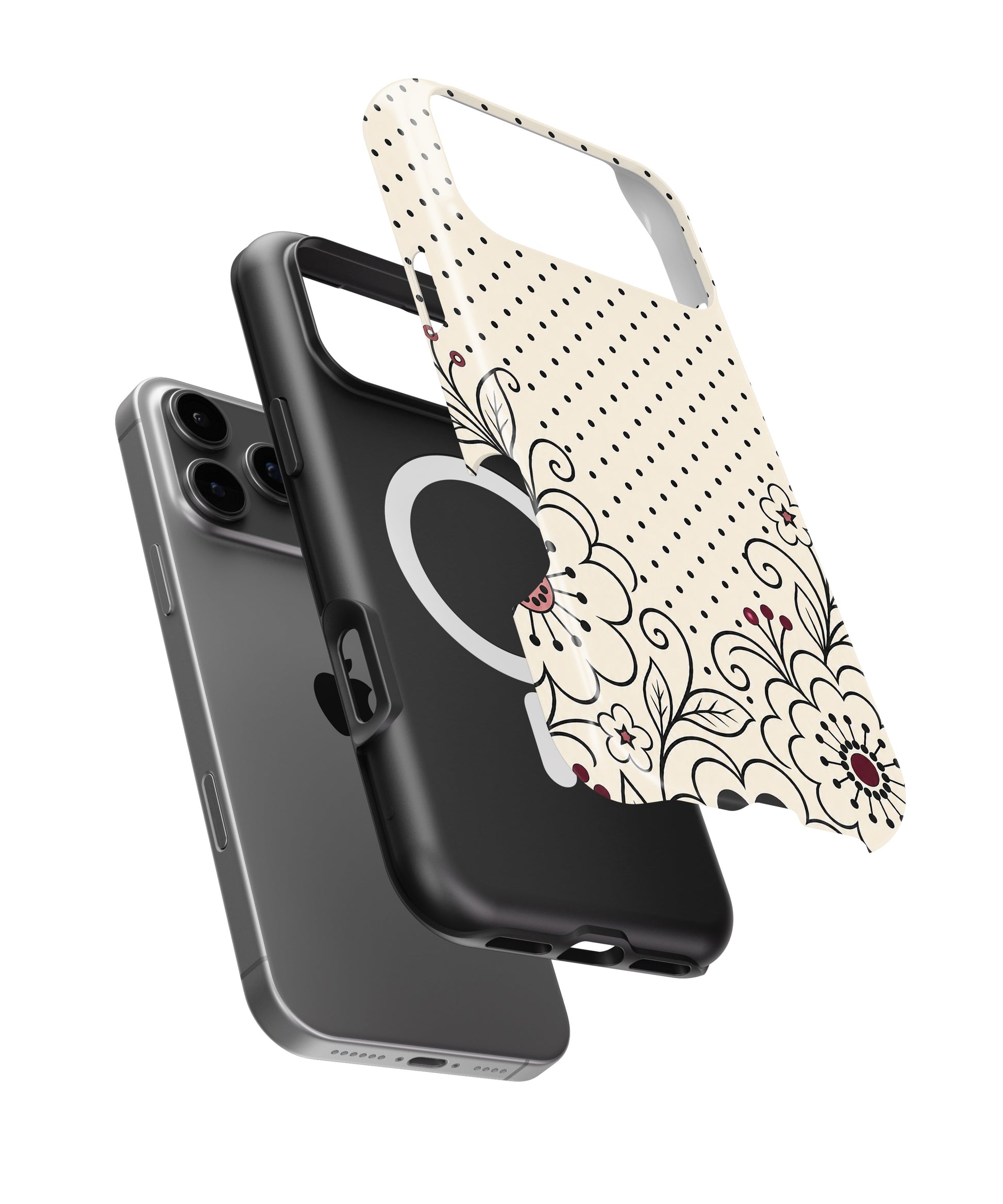Cream black Y2K floral line art polka dot iPhone case with built-in MagSafe magnetic ring