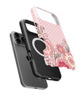 Blush pink Y2K retro floral polka dot iPhone case with built-in MagSafe magnetic ring