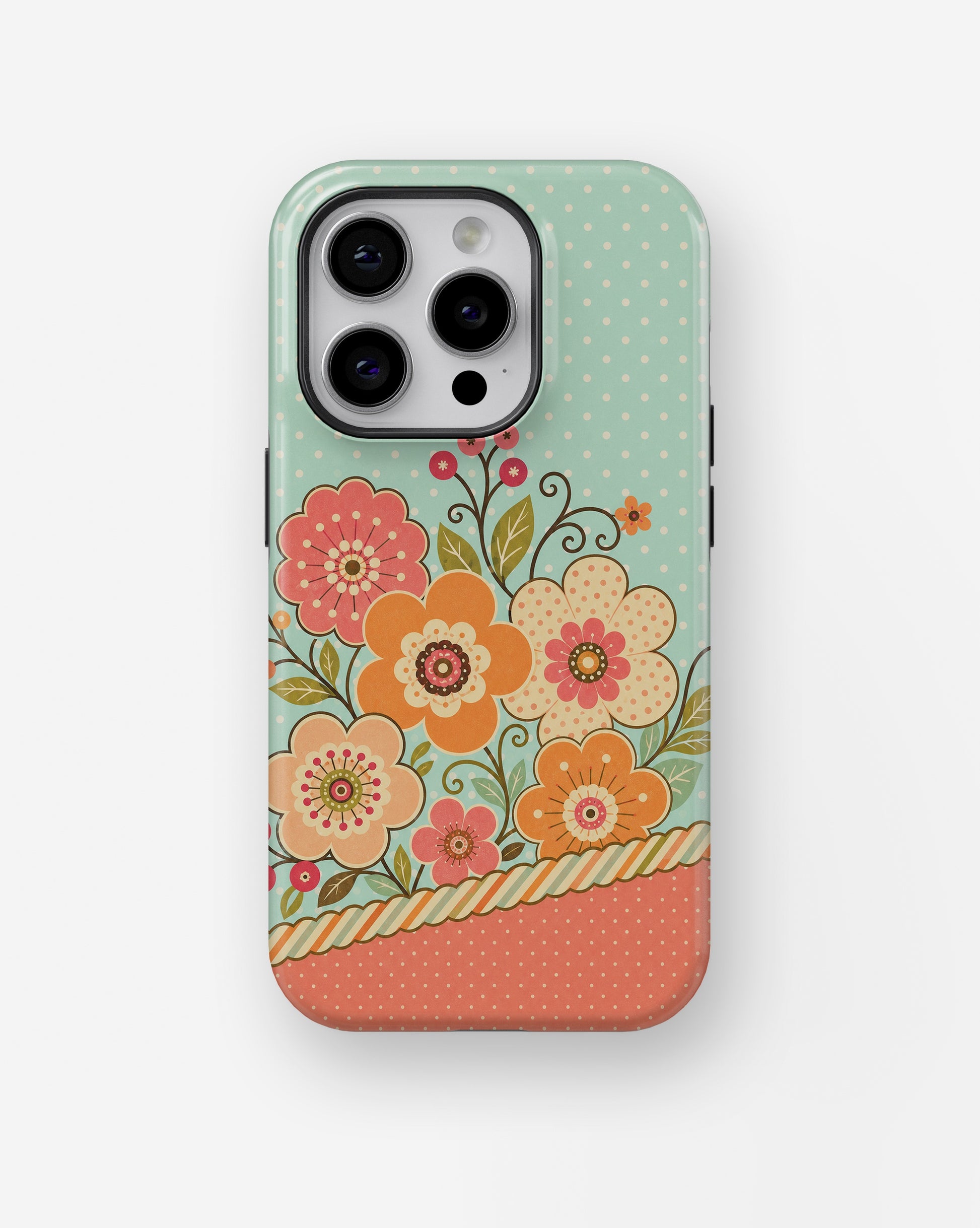 Mint orange coral Y2K retro floral polka dot shockproof case for iPhone Pro models