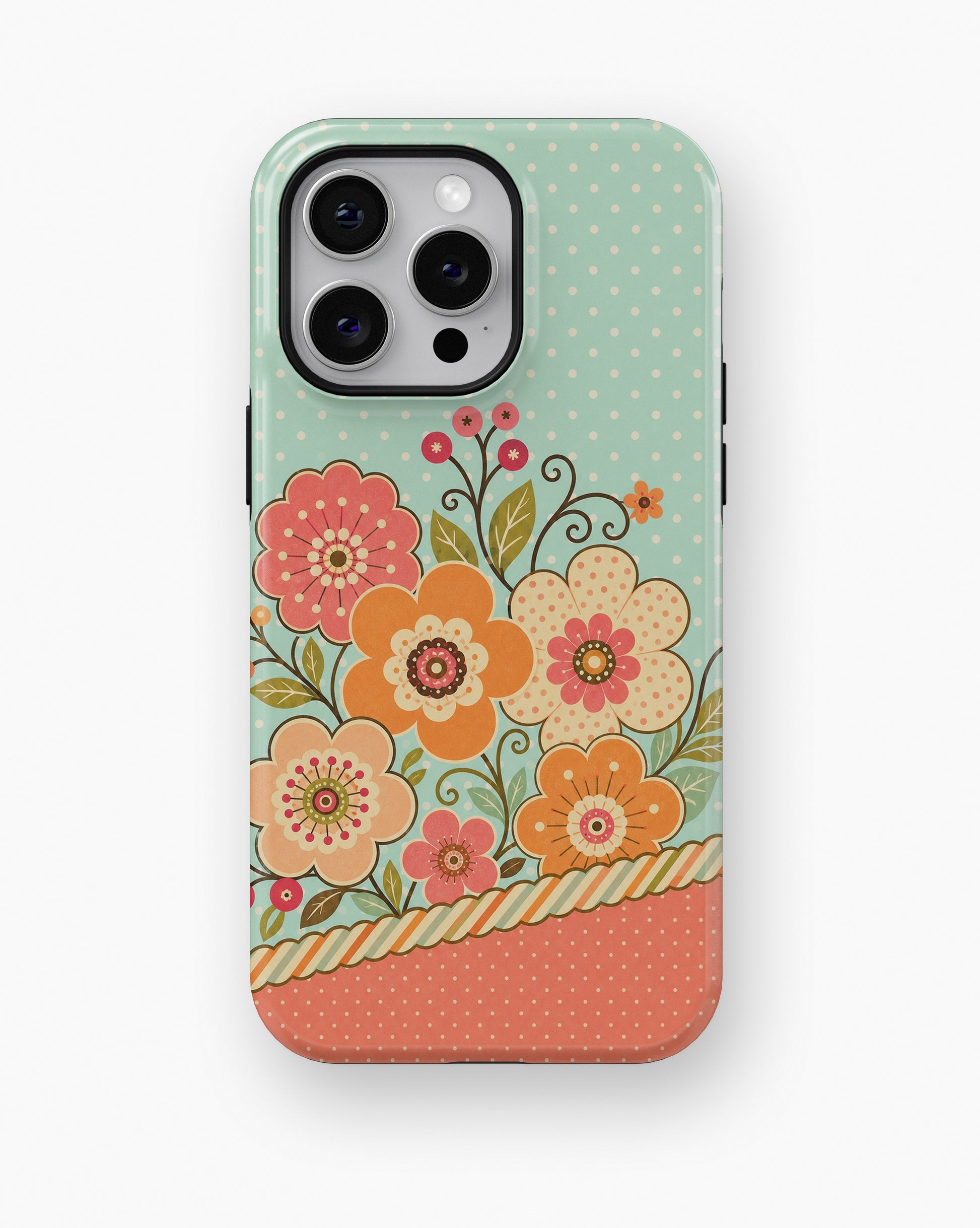 Mint orange coral Y2K retro floral polka dot shockproof case for iPhone Pro Max models