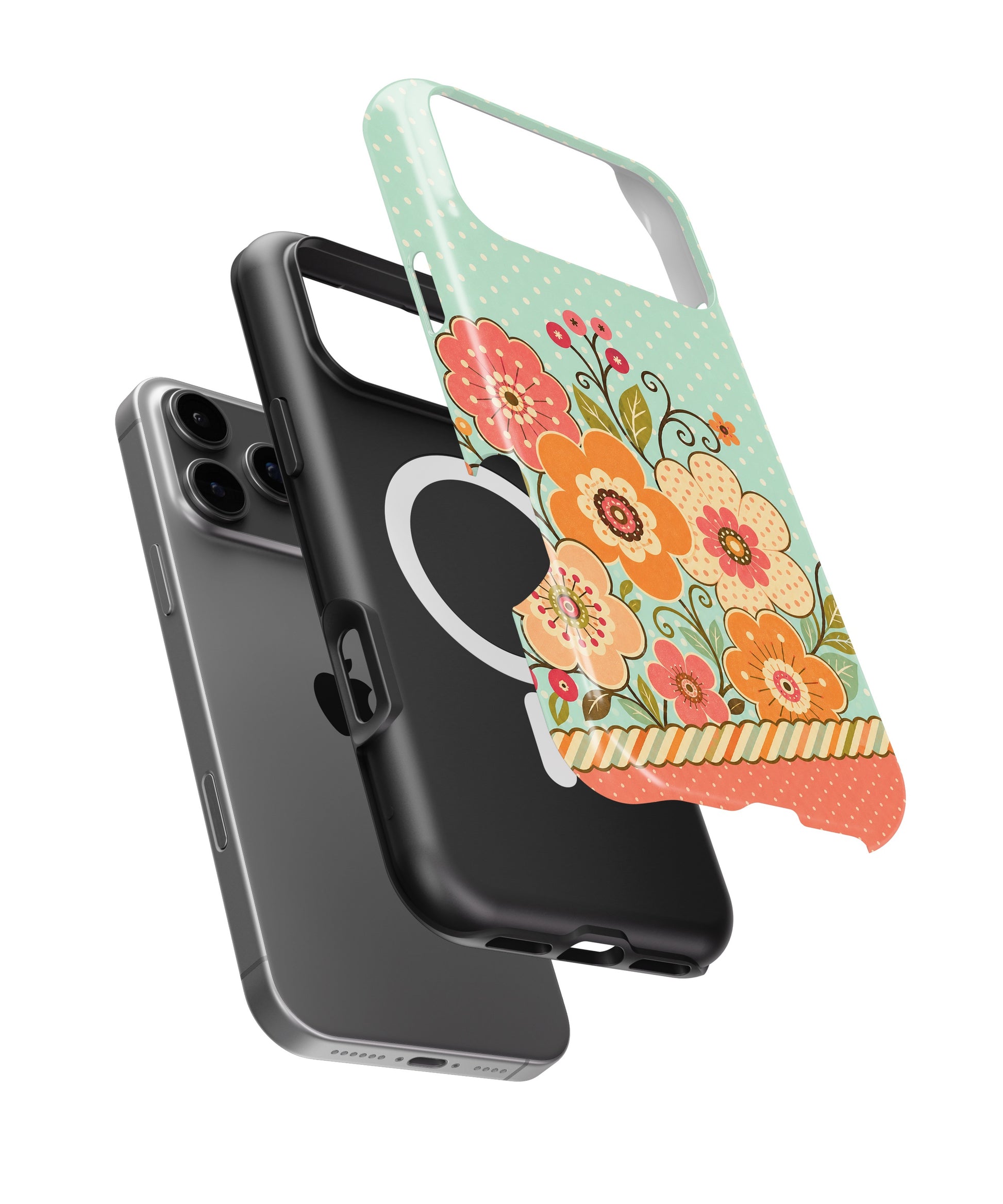 Mint orange coral Y2K retro floral polka dot iPhone case with built-in MagSafe magnetic ring