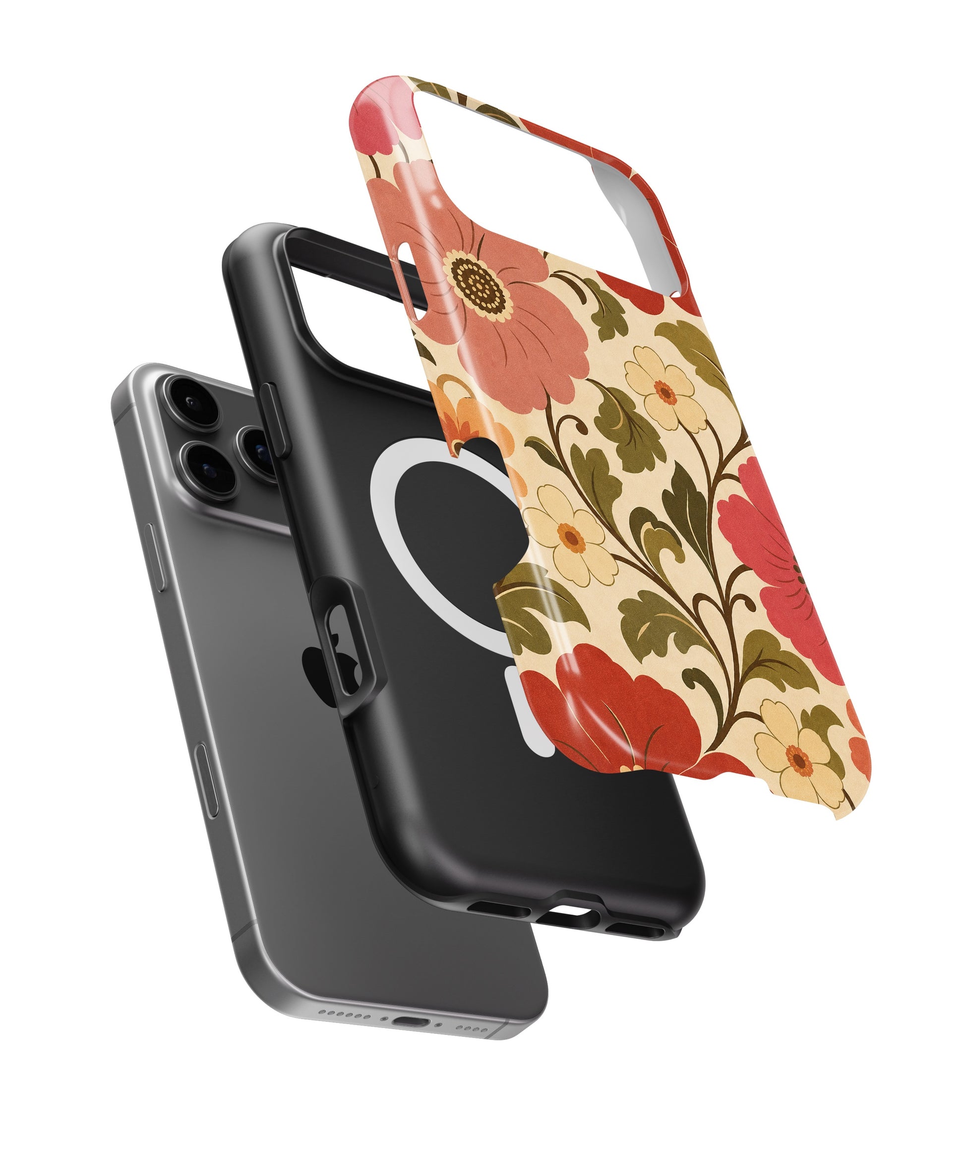 Cream 70s retro oversized floral botanical iPhone case with built-in MagSafe magnetic ring