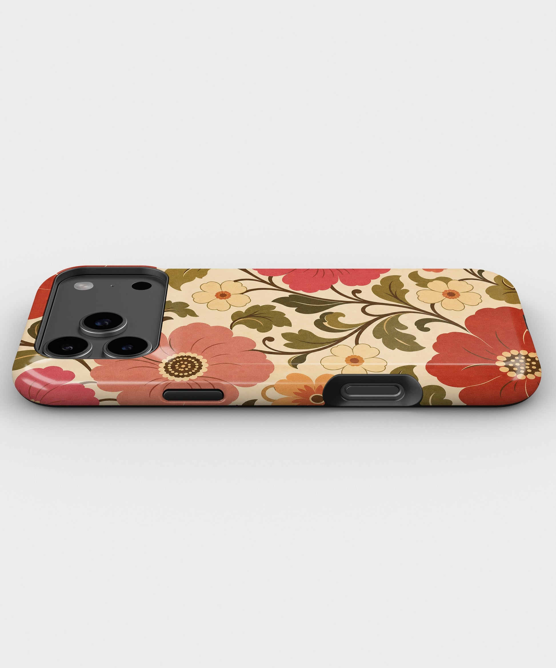 Cream 70s retro oversized floral botanical tough iPhone case with raised camera and edge protection