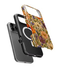 Orange purple wildflower stained glass mosaic iPhone case with built-in MagSafe magnetic ring