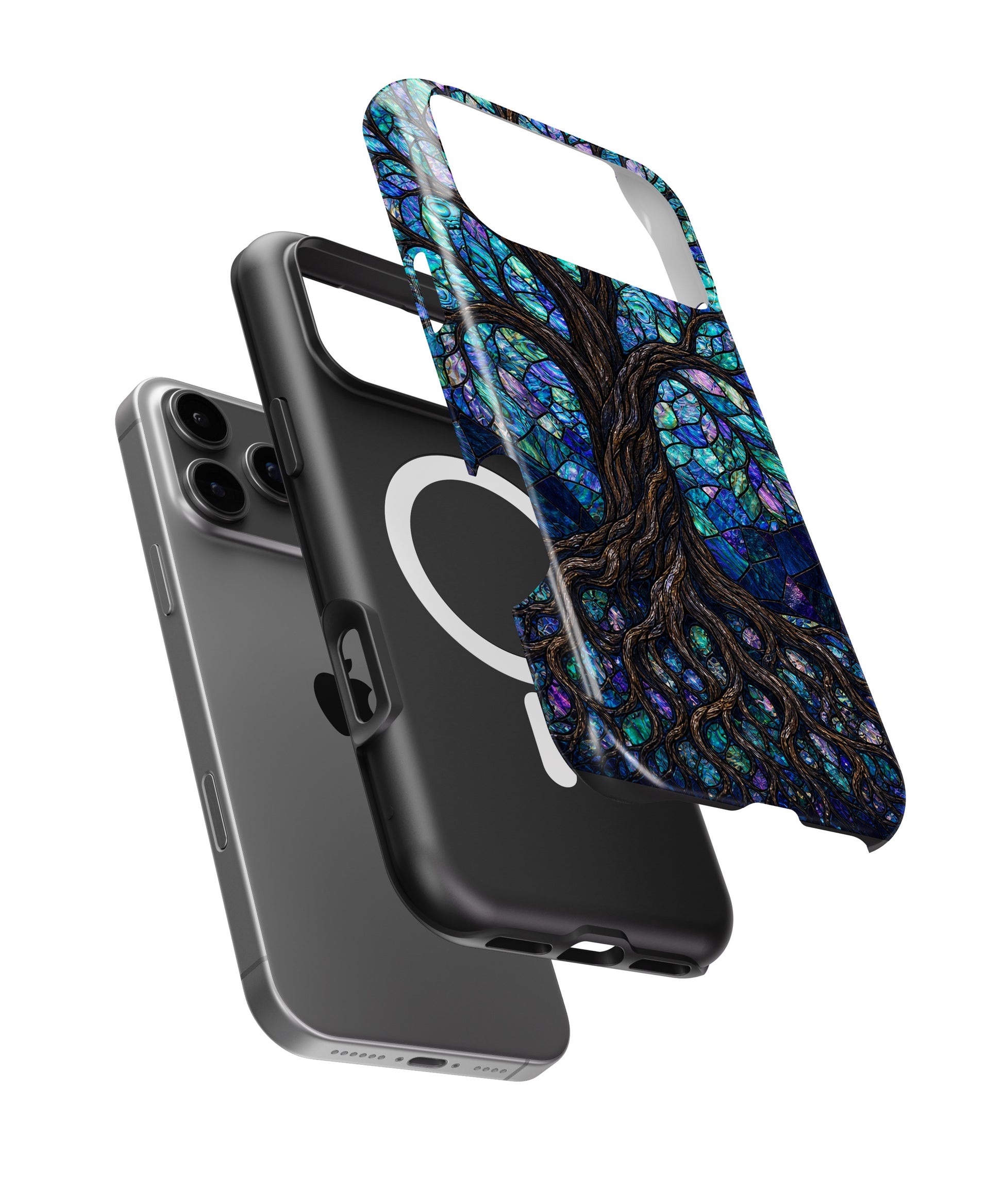 Iridescent blue abalone mosaic Tree of Life iPhone case with built-in MagSafe magnetic ring