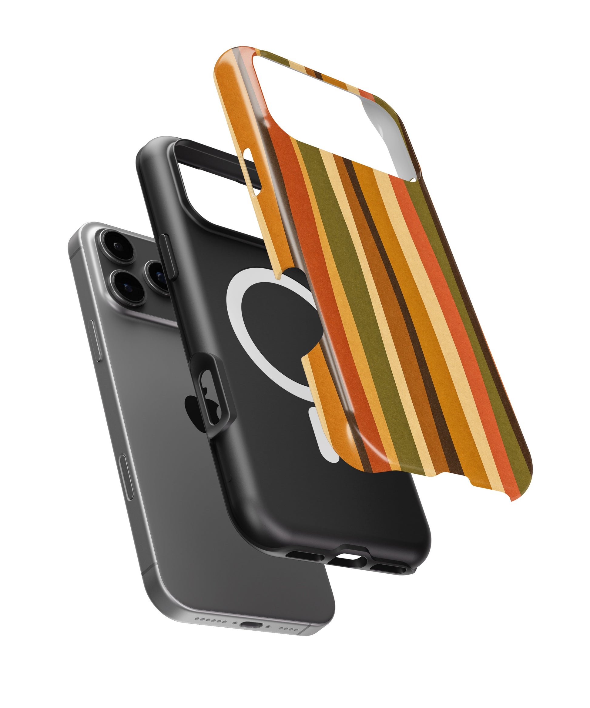 70s retro brown orange wavy vertical stripes iPhone case with built-in MagSafe magnetic ring