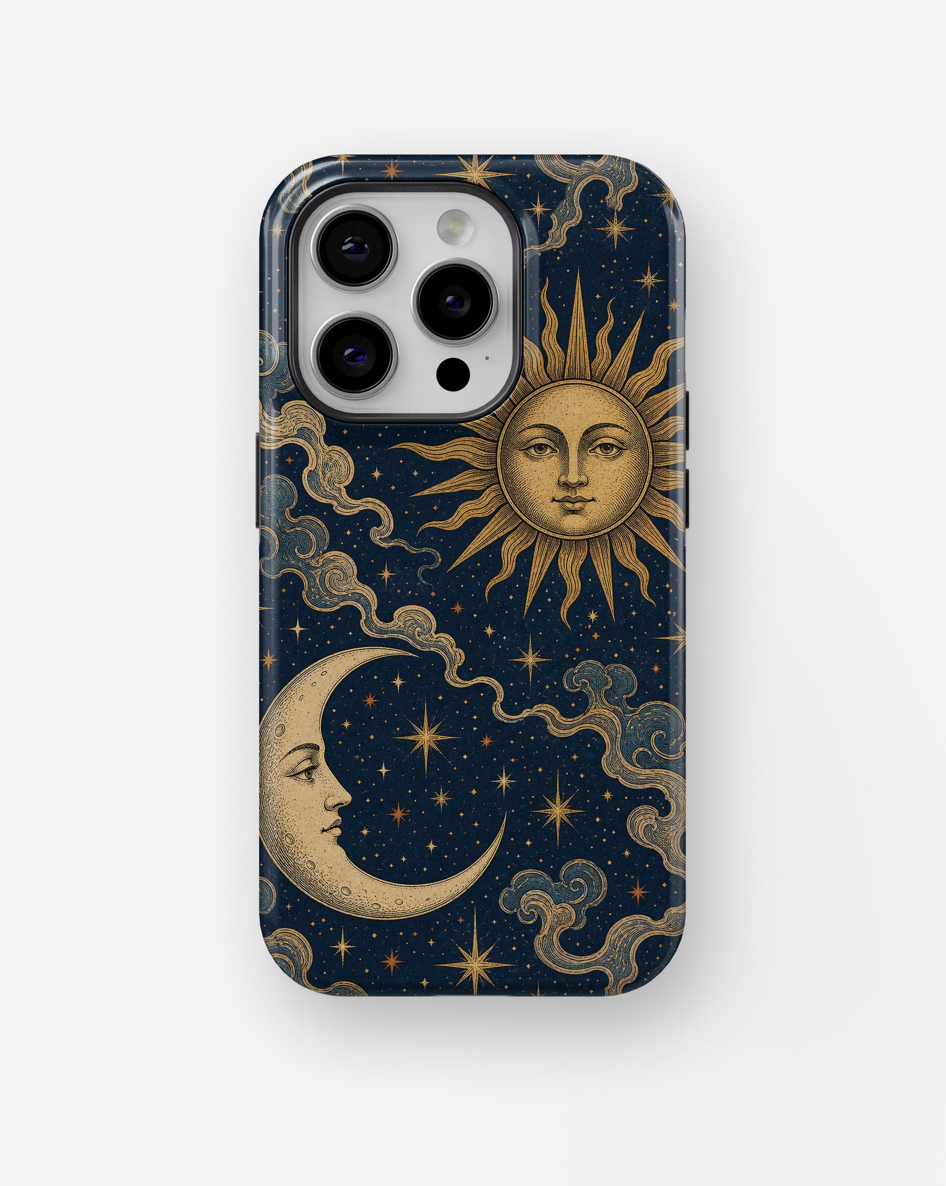 Vintage midnight blue sun and moon celestial shockproof case for iPhone Pro models