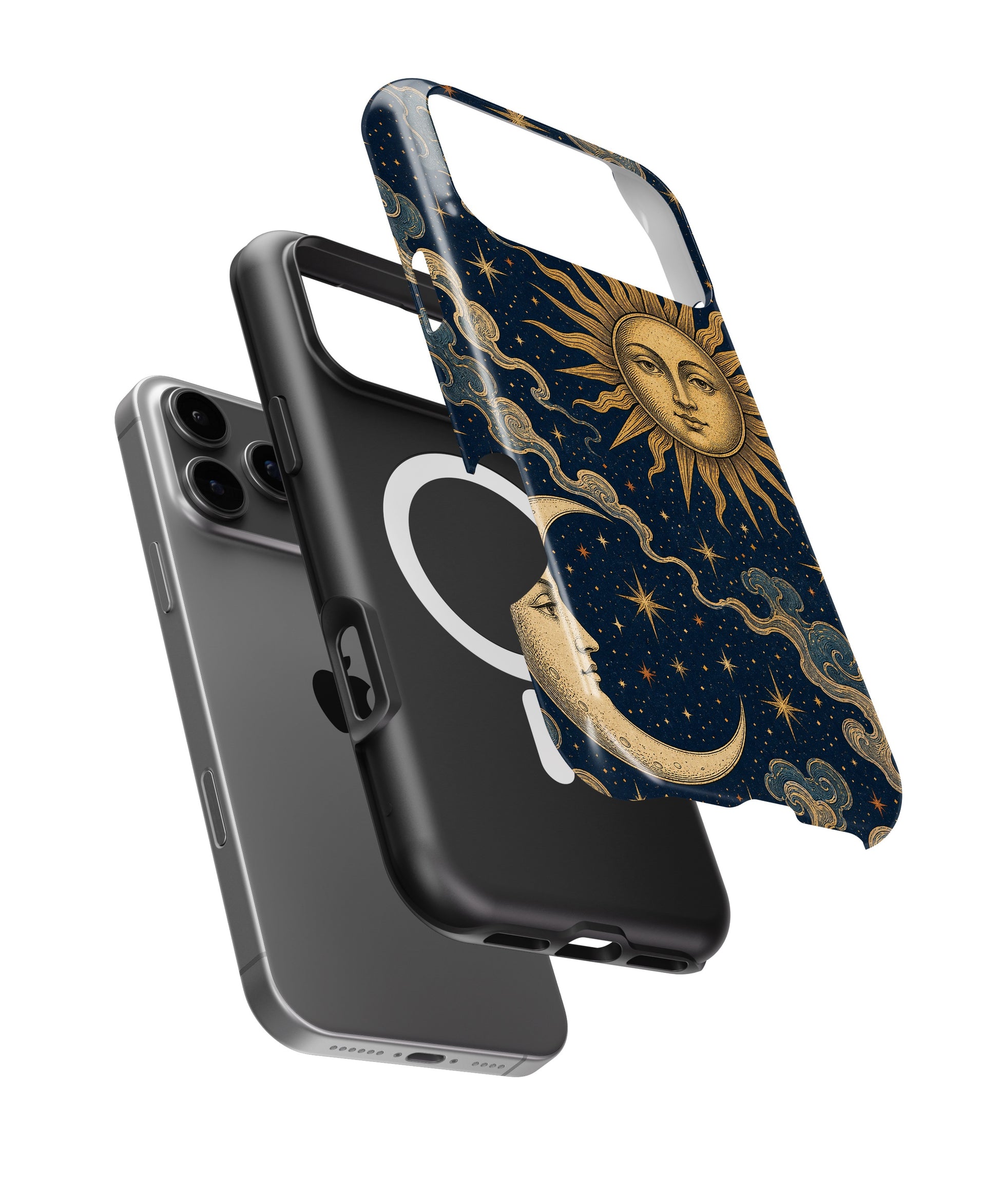 Vintage midnight blue sun and moon celestial iPhone case with built-in MagSafe magnetic ring