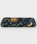 Vintage midnight blue sun and moon celestial tough iPhone case with raised camera and edge protection