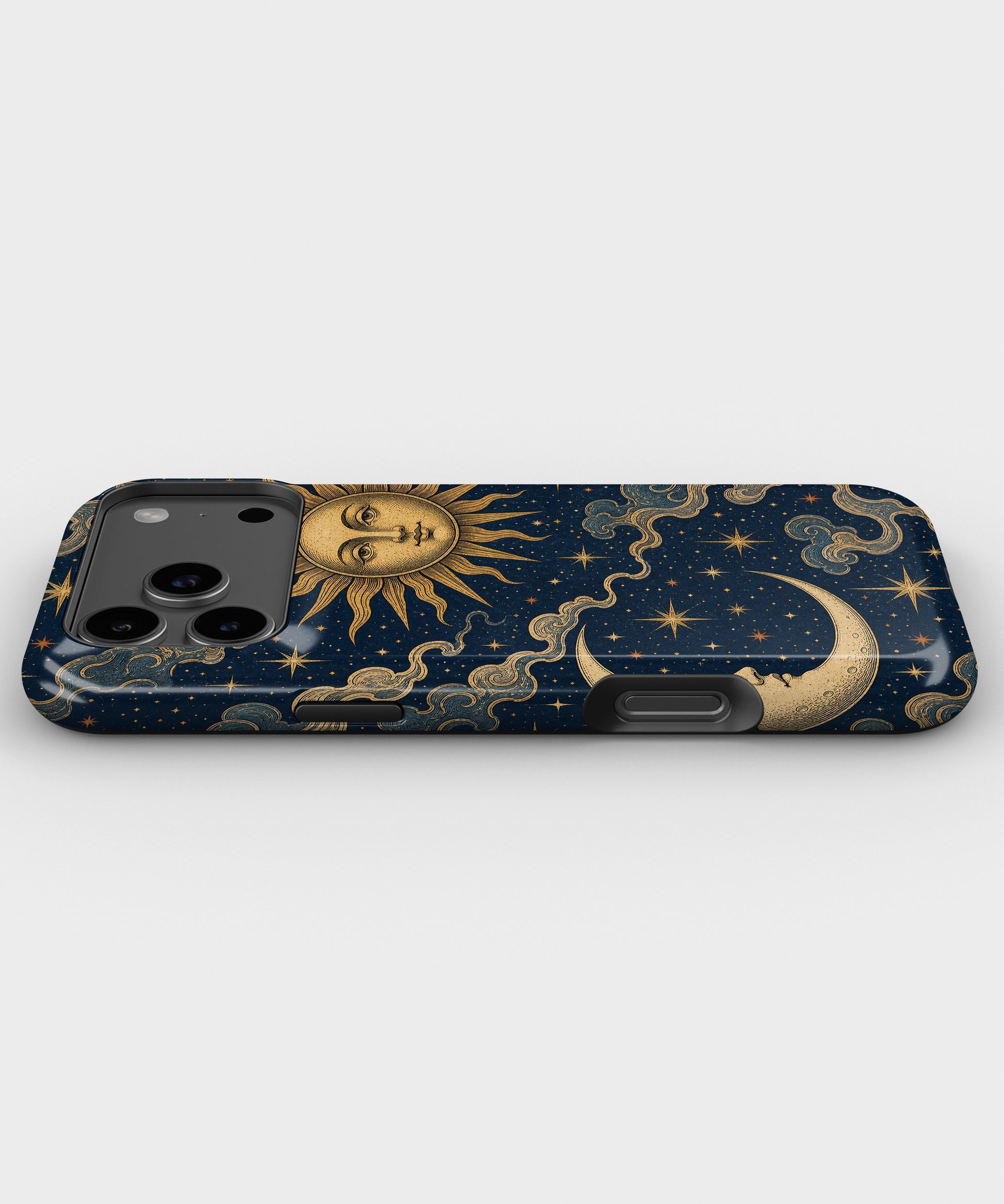 Vintage midnight blue sun and moon celestial tough iPhone case with raised camera and edge protection