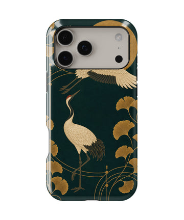 Emerald gold Art Deco cranes and ginkgo shockproof MagSafe iPhone case for iPhone 17 Pro Max