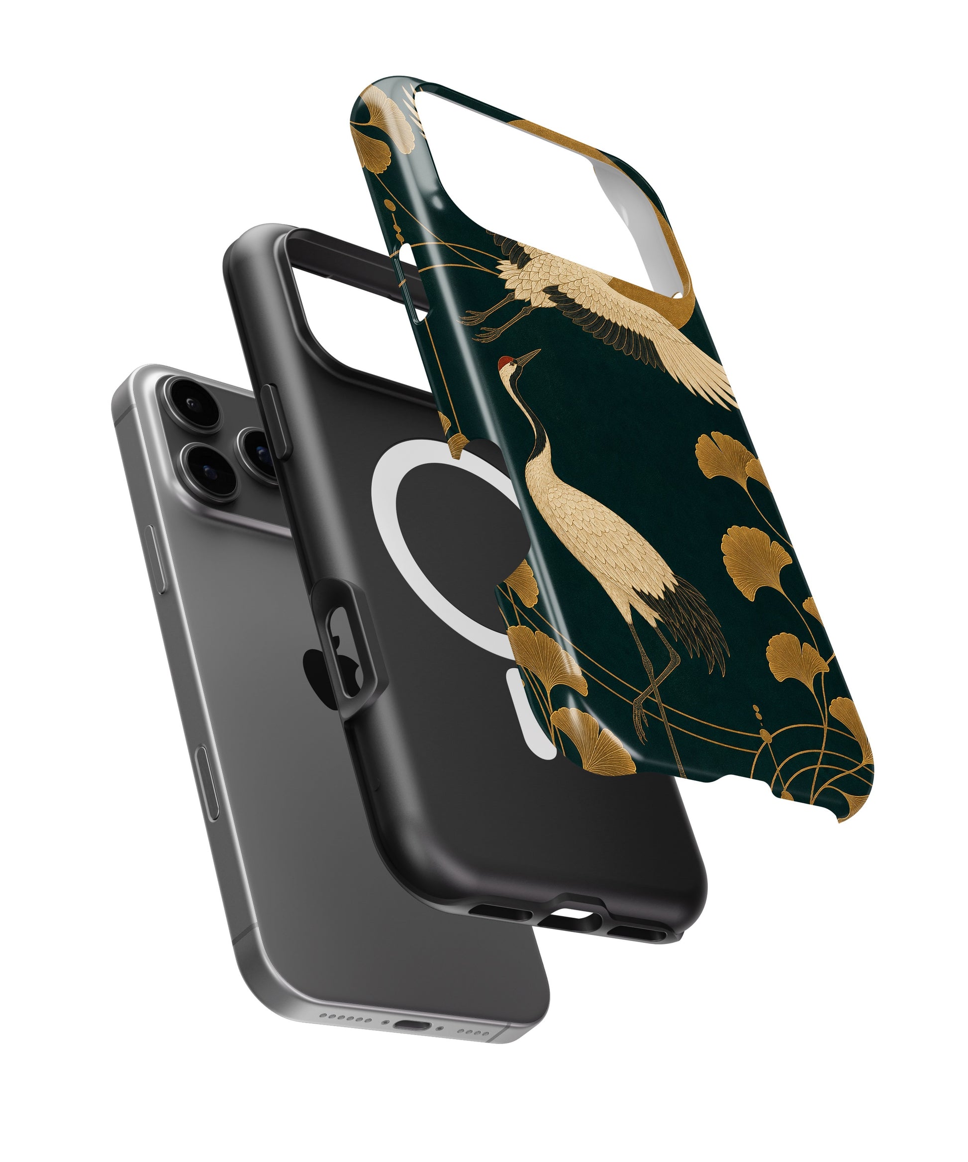 Emerald gold Art Deco cranes and ginkgo iPhone case with built-in MagSafe magnetic ring