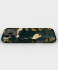 Emerald gold Art Deco cranes and ginkgo tough iPhone case with raised camera and edge protection