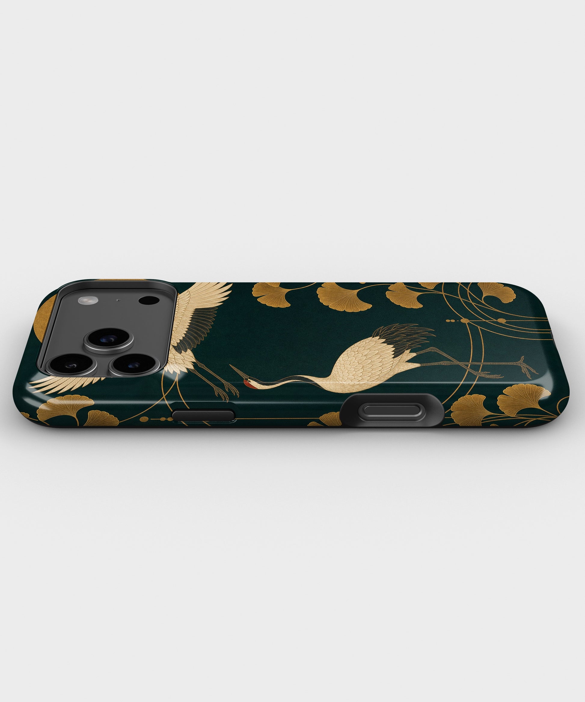 Emerald gold Art Deco cranes and ginkgo tough iPhone case with raised camera and edge protection